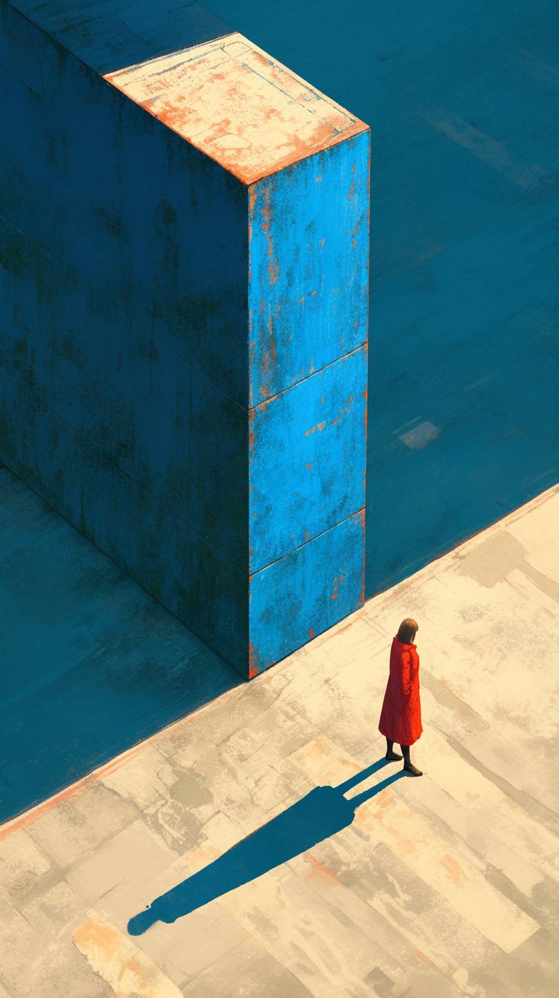 A person in red walks on the street, next to an empty building with long shadows. An aerial view with blue and yellow tones in the minimalist style of real photography captured with natural light and clear details of the urban landscape conveys a sense of loneliness.