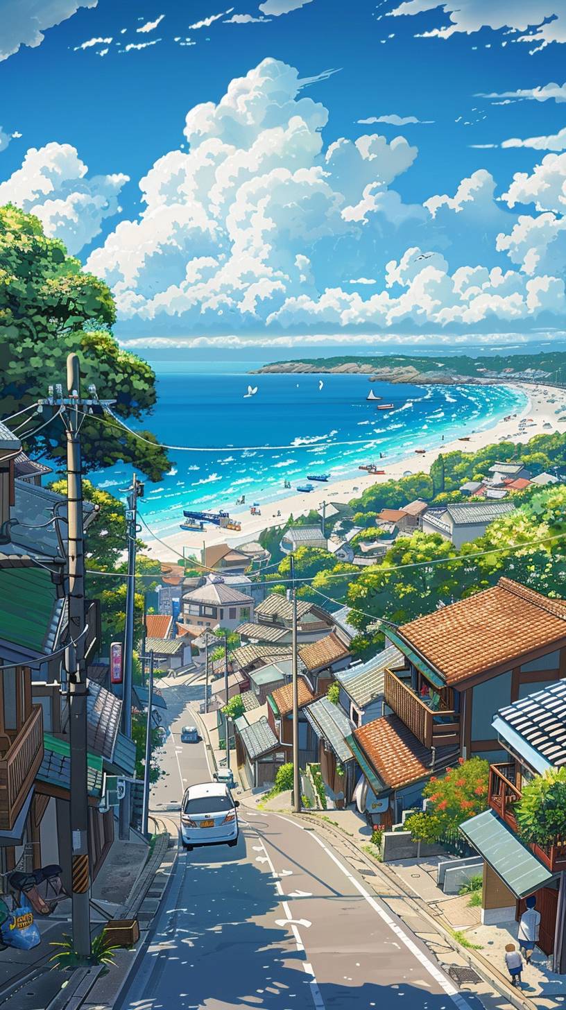 海辺の町、浜辺には家や通りには車があり、蒼い海と空を眺める、宮崎駿スタイルの日本アニメスタイル、芸術性高く、高解像度で高品質、高精細な夏の日の風景ビュー