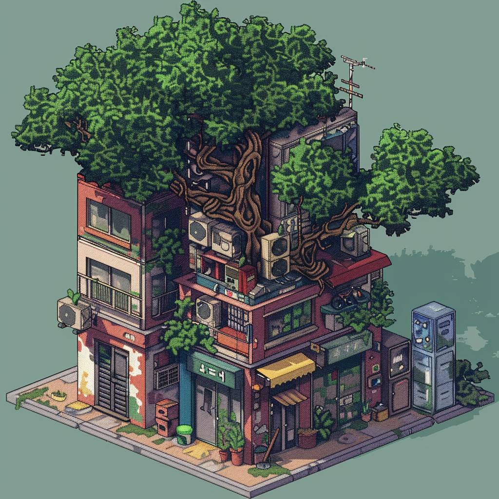 Isometric clean pixel art image of building in tree, style of Tekkonkinkreet --v 6.0