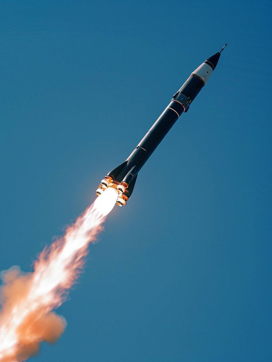 A rocket is seen emerging from the atmosphere, with a deep blue sky, in the style of 32k uhd, industrial photography, warmcore, steel, close up Caravaggesque chiaroscuro, and symmetric composition.