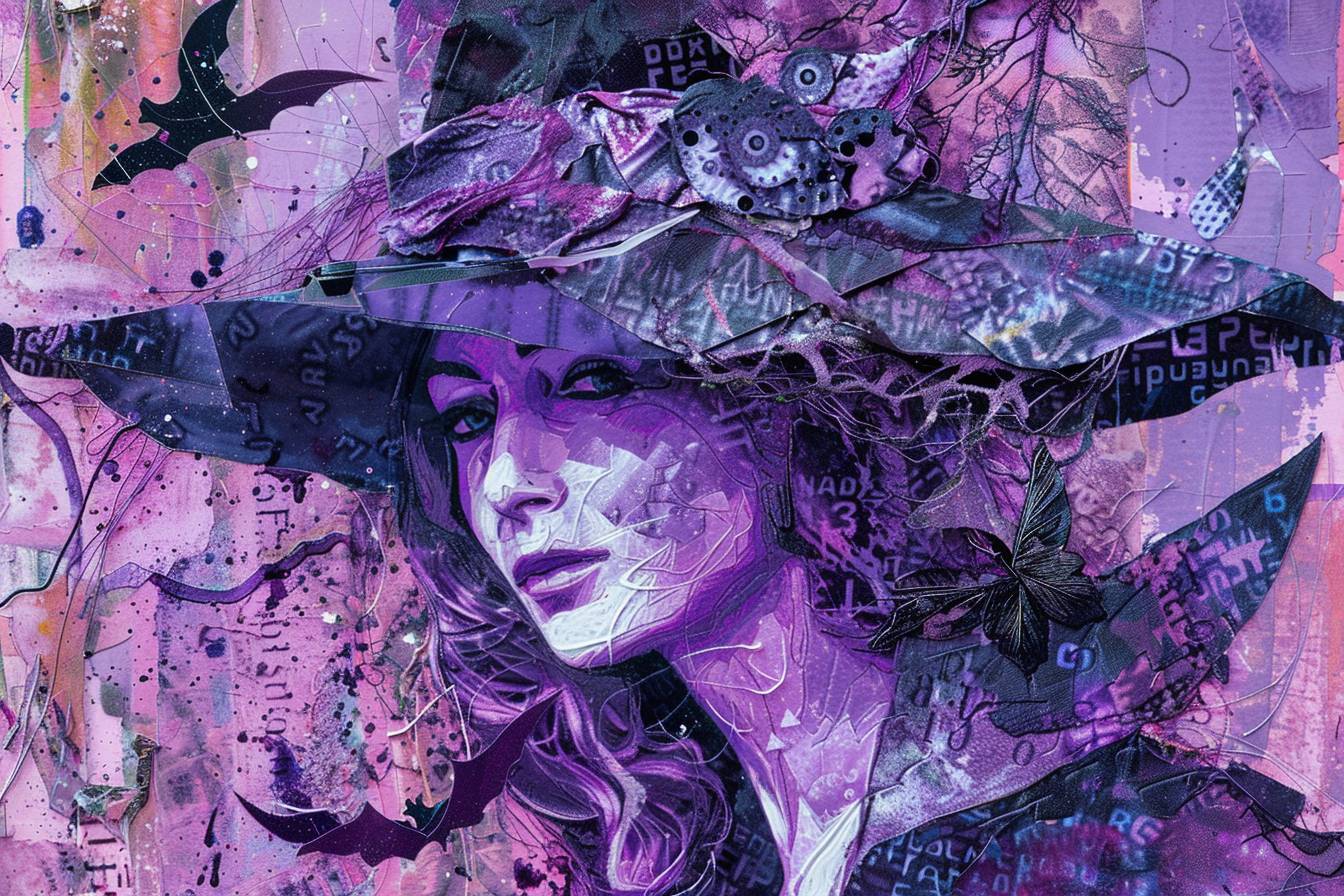 紫色とピンクのミックスメディアで描かれたコラージュスタイルの魔女