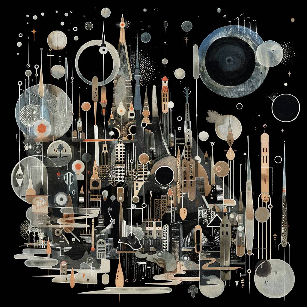 A portrait of [SUBJECT], in the style of novel visual, black background, an array of floating shapes and forms representing the cosmos, with large geometric circles in shades with monochromatic contrast, and small black dots scattered throughout. In between these shapes is a miniature cityscape made up of tiny buildings, trees, and other urban elements. The overall effect should be one of whimsy and fantasy, with a surreal quality that gives it a dreamlike feel. invert channels, color negative