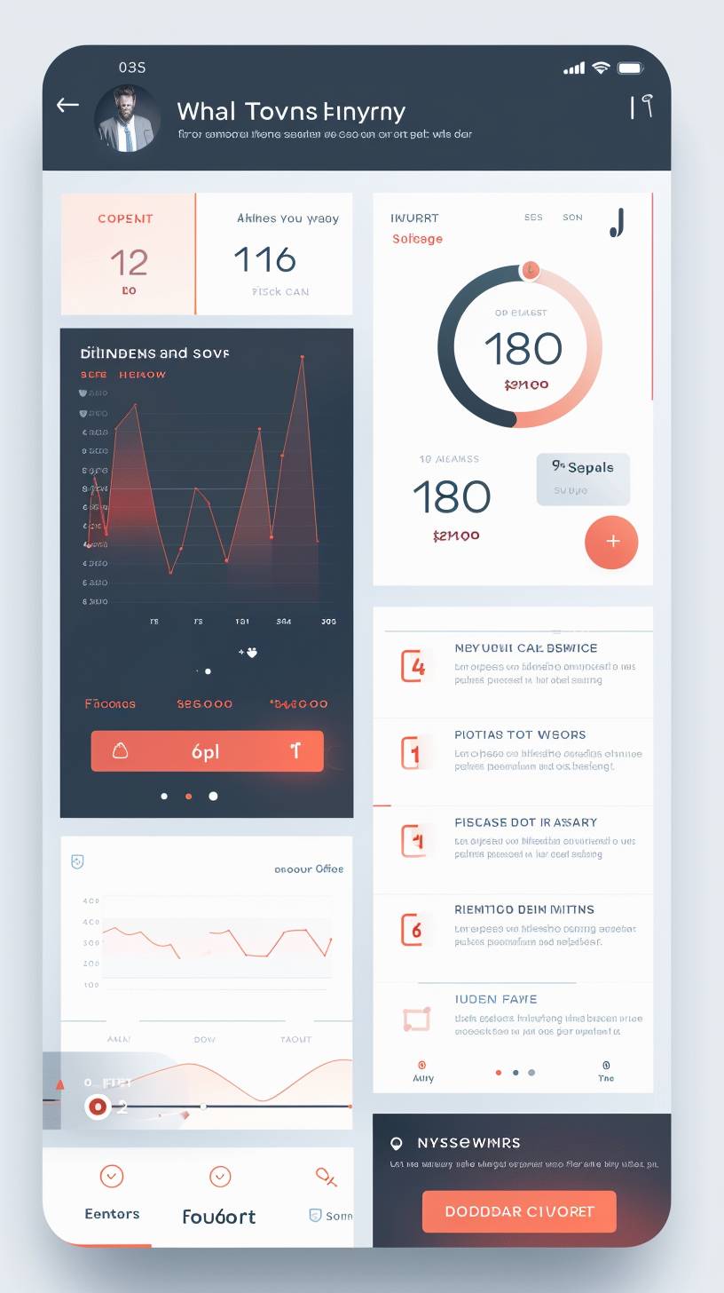 Flat UI design for an app screen that gives an overall health assessment score after a person has taken a questionnaire, and provides the user with next steps for actions to take to address issues.