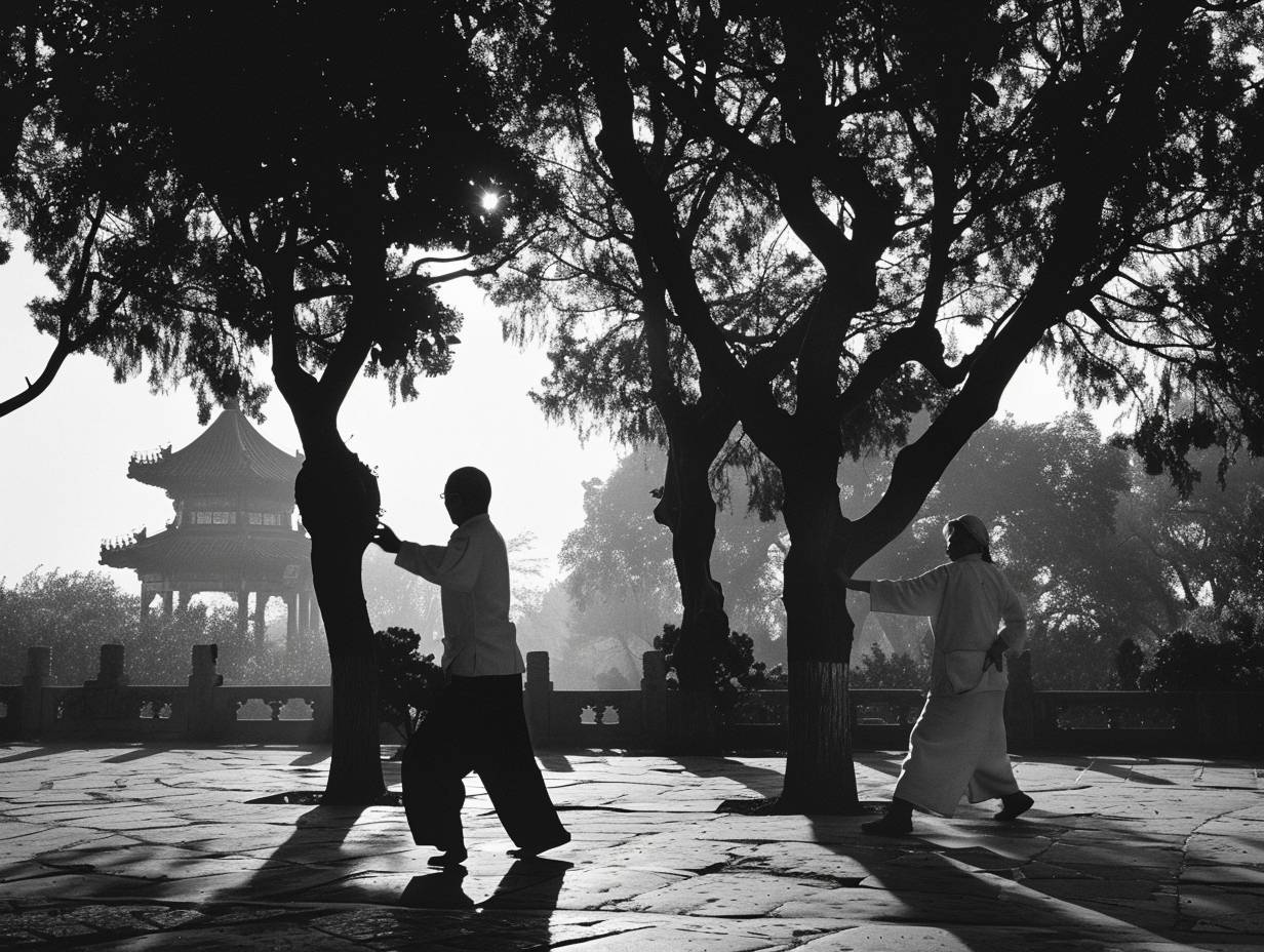 Couple practicing Tai Chi. Serenity and focus. Traditional attire. Shot in Beijing's Temple of Heaven Park. Taken at dawn in 2008. Ancient trees, a pagoda, other practitioners also present. Medium shot, full body capturing the scene. Captured using a Leica M8 camera with Kodak Tri-X 400 film. First light of the day, leaves rustling, high contrast.