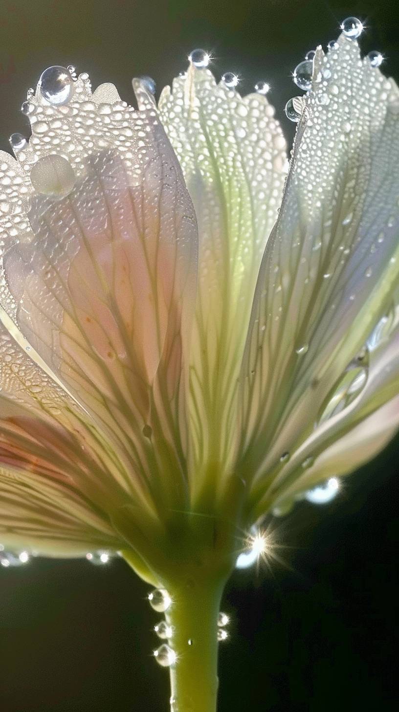 花の花びらのクローズアップ、各花びらに光沢のある露滴があり、繊細な質感と複雑なディテールが際立っています。背景は明るく、淡い緑色の茎と白い中心を引き立てています。