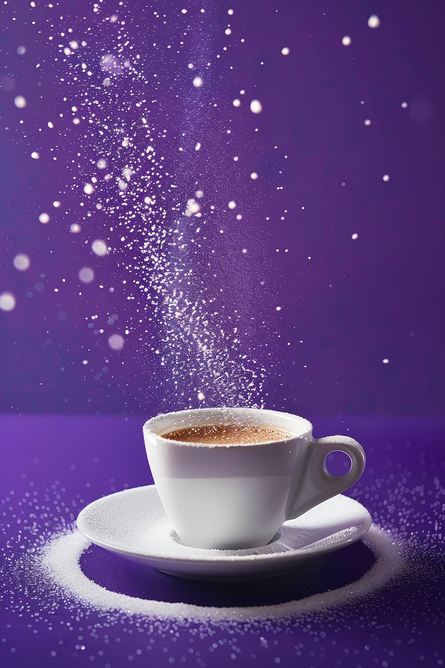 Espresso coffee with milk, wallpaper, 4K, granulated sugar falling down, cup, purple color background, front view