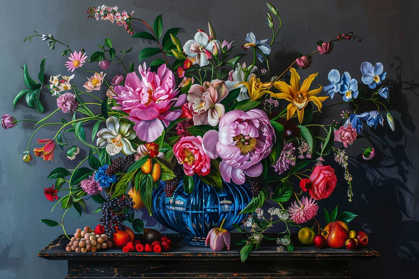 テーブルの上には古い青いガラスの花瓶に入った大きなカラフルな花束があります。前にはバラ、ユリ、デージー、オーキッド、果物、ベリー、緑の葉など、他のさまざまな花が囲んで美しい牡丹の花が1つあります。背景は濃い灰色です。オランダの黄金時代のスタイルの油絵--ar 3:2  --v 6.0