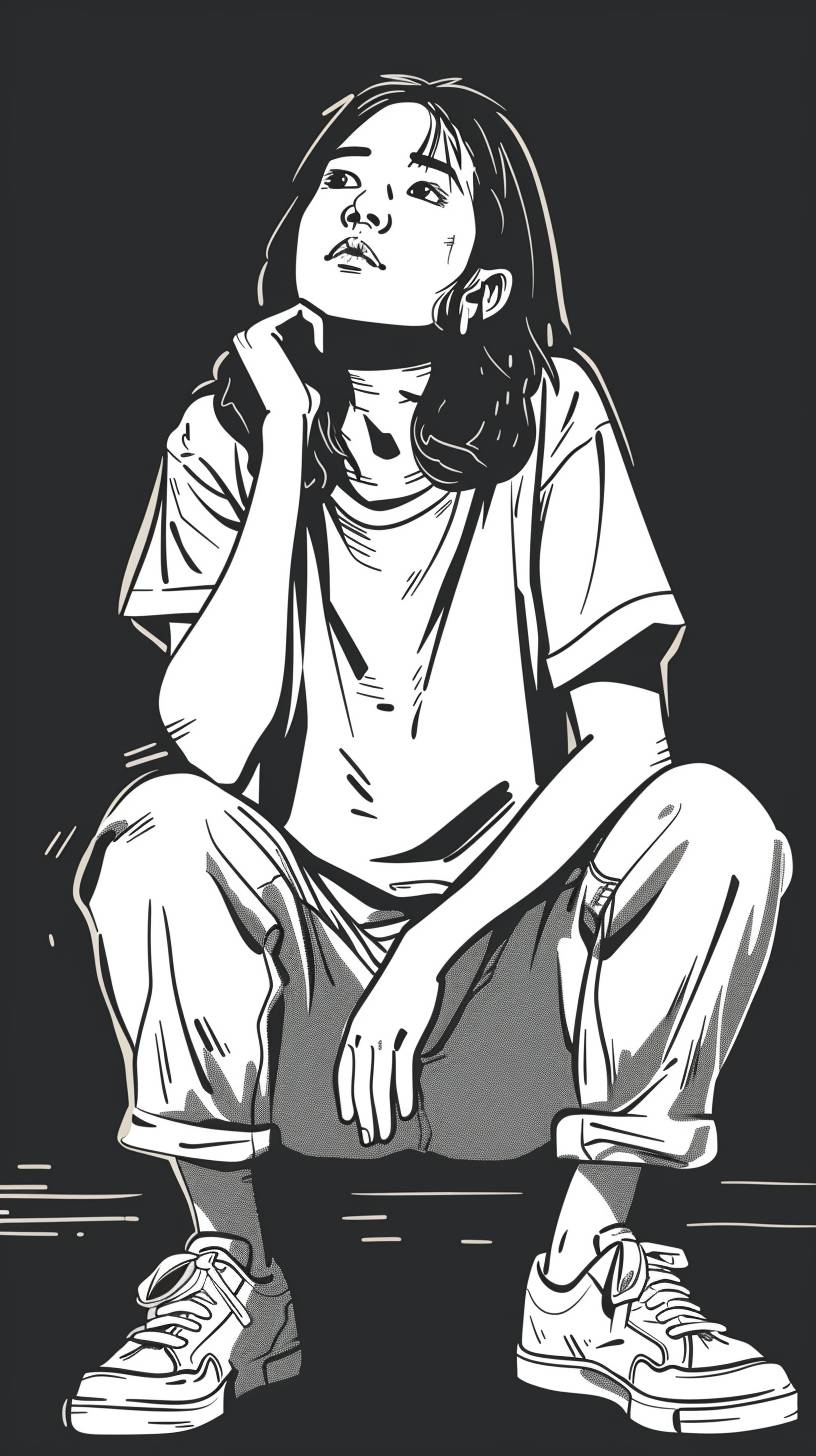 Coloring picture of a sad Asian woman thinking of something on a black background, cartoon style with clear borders.