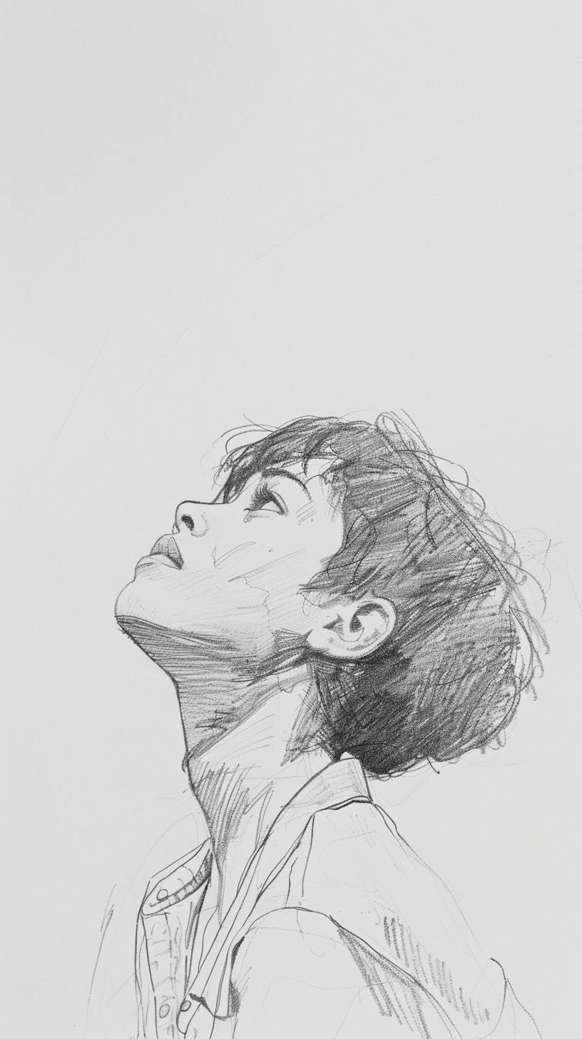 Woman with short hair looking up at the sky, half-body, pencil sketch