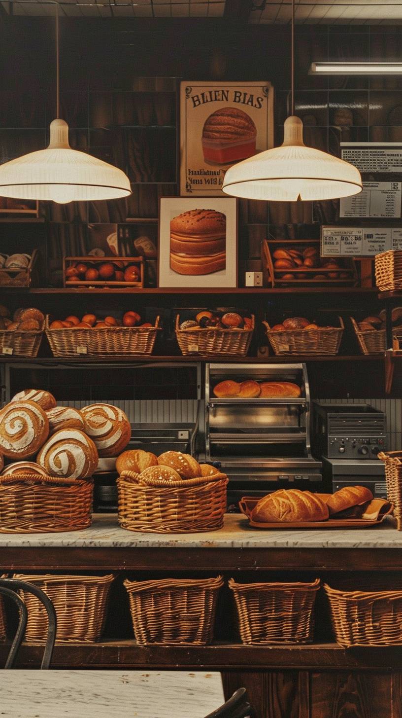 A charming, old-fashioned bakery, filled with the aroma of freshly baked bread and pastries, with warm lighting and rustic decor.