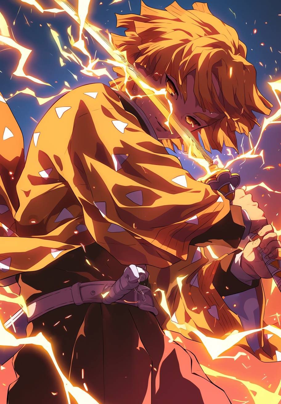 In a scene from Demon Slayer, Zenitsu Agatsuma impressively demonstrates his Thunder Breathing technique, capturing the essence of determination, courage, and the fight against evil. The style of the show focuses on dynamic action, vibrant colors, and detailed character designs. --ar 9:13 --niji 6.