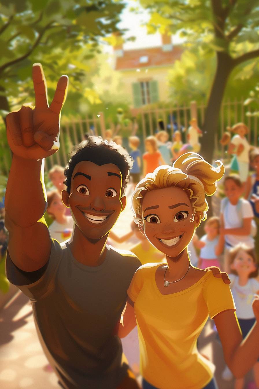 A Pixar-style illustration of two happy, dynamic adult friends smiling and pointing at the camera with eye contact, in a sunny schoolyard during an annual fair. The man is black and the woman is white. The background depicts a slightly blurred schoolyard filled with joyful families and children. Tall trees and fences surround the schoolyard, with a school building from the 1990s in northern France visible in the background. The illustration features bright, vibrant colors with soft lighting and a cheerful atmosphere. It was created using digital painting techniques, incorporating soft shading, high contrast, cartoon-like details, and the influence of Pixar films. The result is a high-definition artwork with a natural look and a playful mood.