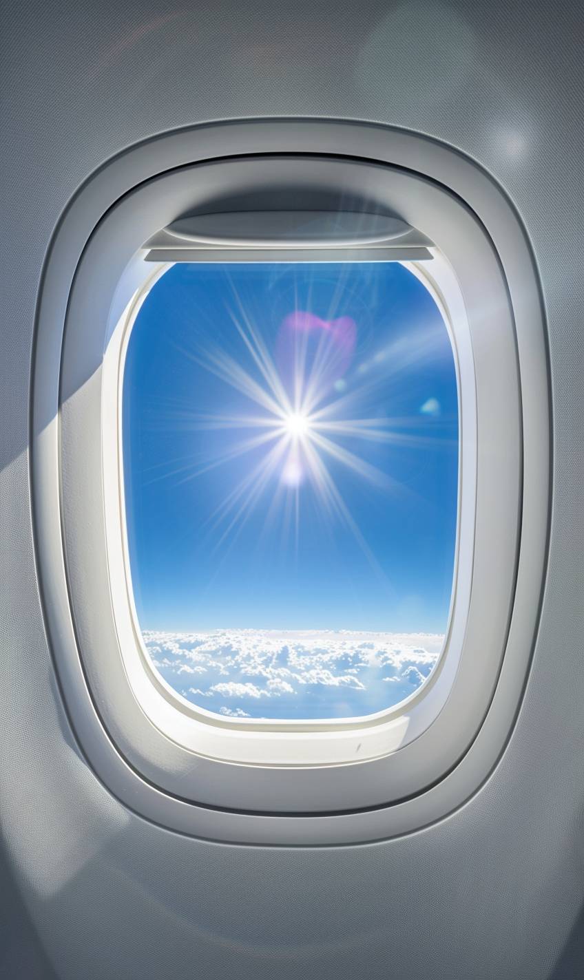 The sun is shining brightly. Bright hues, a close-up of an airplane window against a clean blue sky. Inside is a white table. The scene should convey that you can see something from inside an aircraft. In the style of a fashion magazine advertisement.