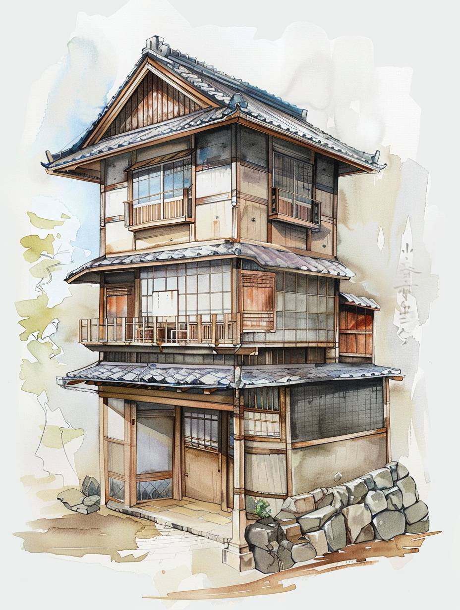 4階建ての小さな日本のオフィスアニメーションスタジオ、側面図、コンセプトアート、イラスト、水彩