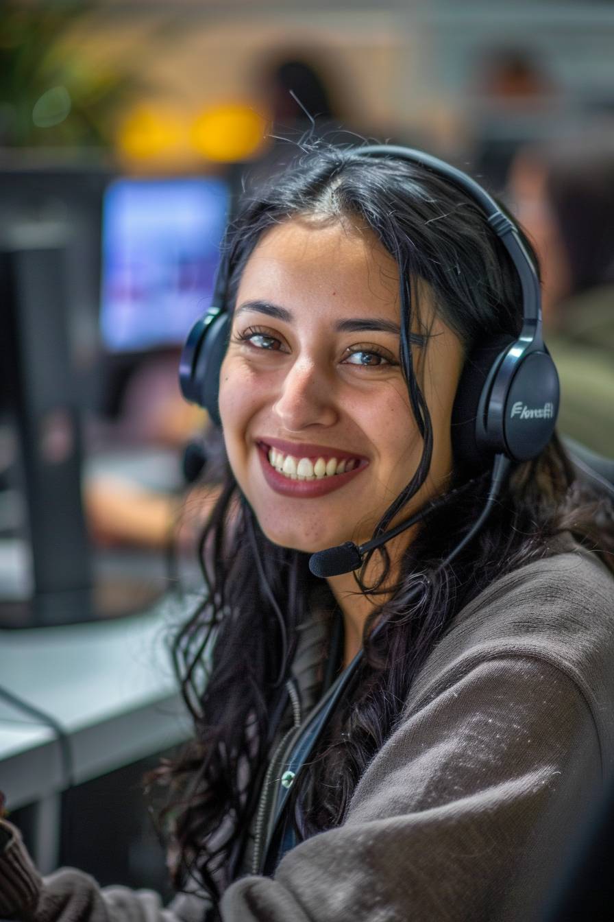 Facebook ad for South America, featuring a smiling operator working in a call center