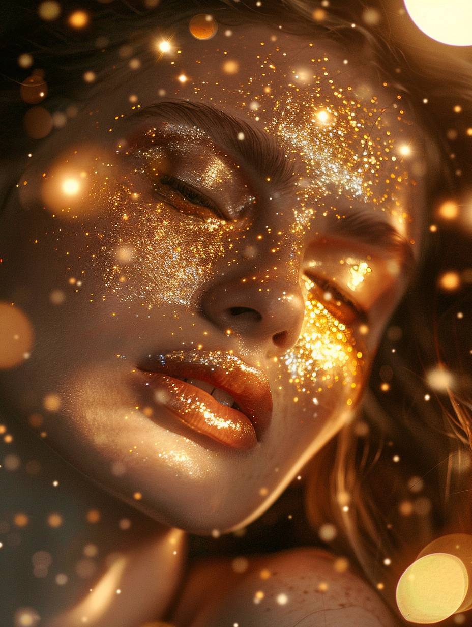 Portrait of a young, stunning woman with prismatic gold holographic makeup, spotlighted against a celestial background, surreal.