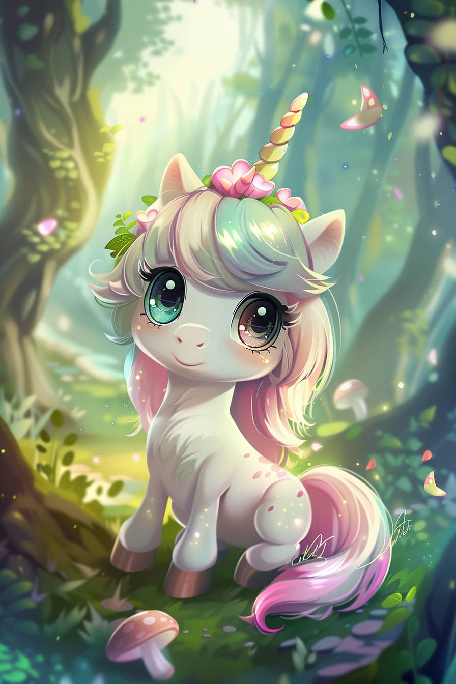 Chibi style, magical unicorn in the style of, cute background, 2D game art, high resolution, in focus