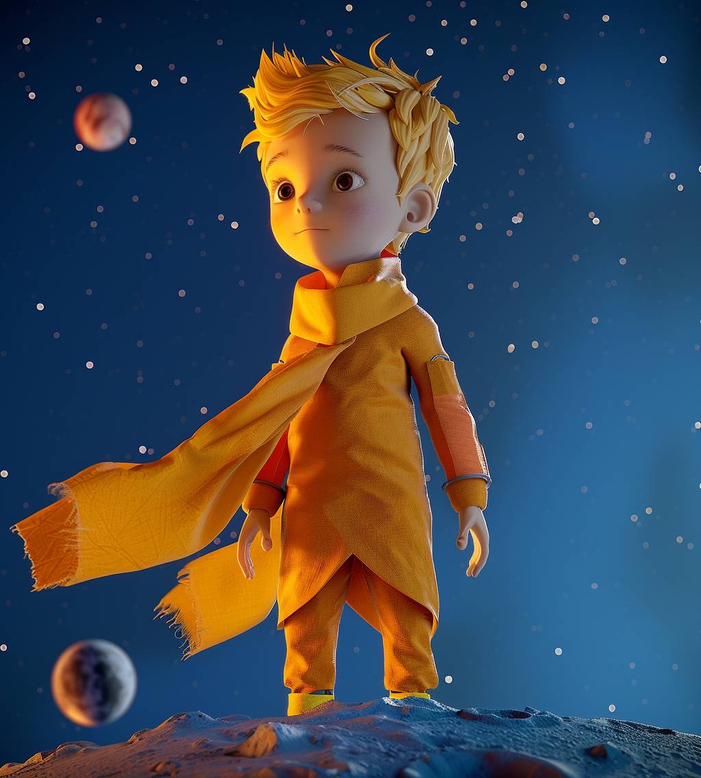 The Little Prince, wearing a yellow scarf, stands on the planet of Rose after he was turned into an alien in the style of Disney Pixar's animation. The background is a dark blue starry sky with no stars. The cartoon character depicts the cute little prince in a full body shot, similar to a game icon.