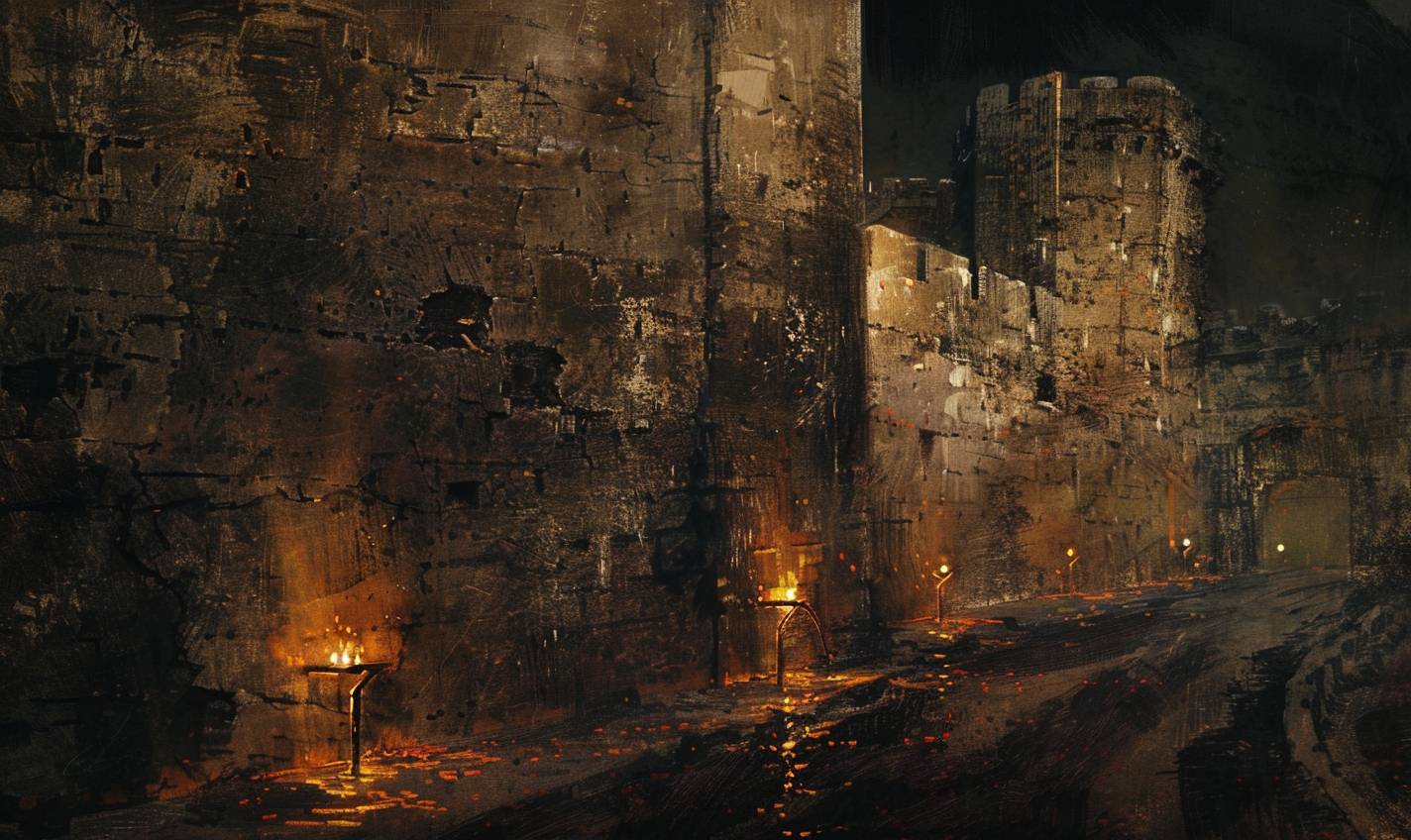In the style of Andrew Wyeth, an ancient citadel lit by flickering torches