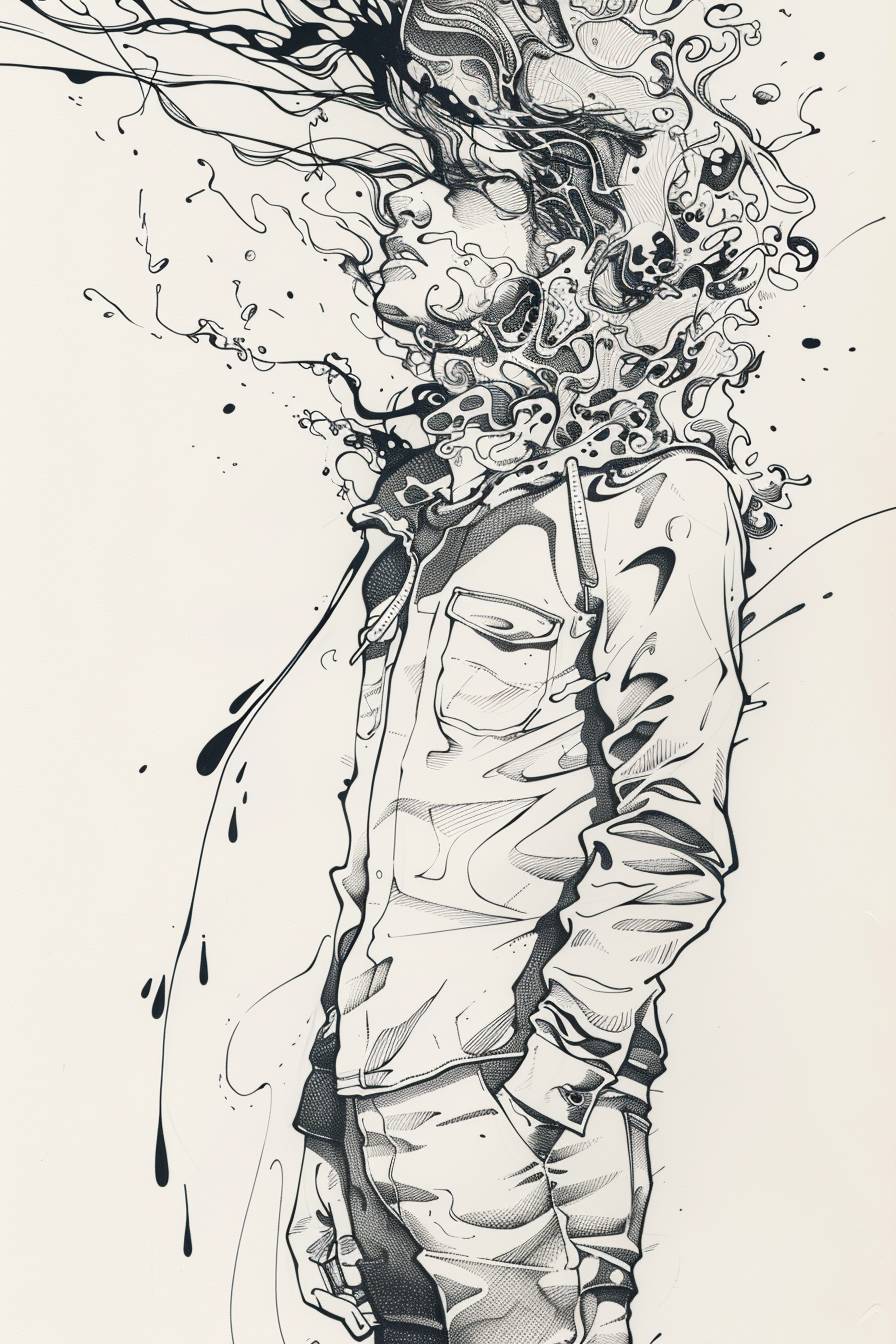 In style of James Jean, character, ink art, side view