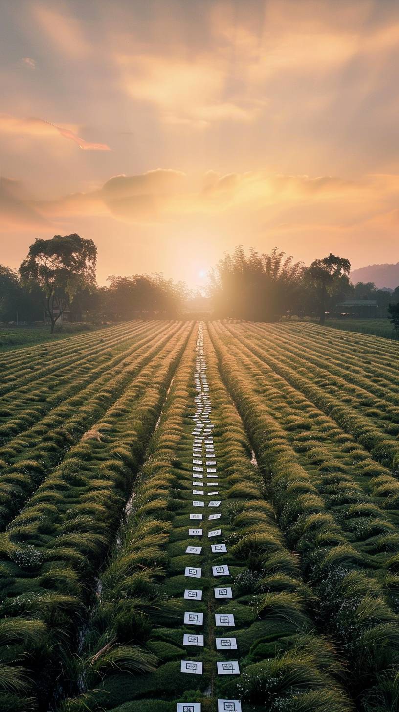 A stunning rural field landscape at sunrise with a very long and wide path covered entirely by countless Chinese Gaokao admission letters, extending into the horizon. The letters are neatly arranged, and each one is detailed with Chinese characters and official seals, capturing the significance of these documents. The field is lush and vibrant, with soft morning light creating a serene and hopeful atmosphere. Shot with a Canon EOS camera, hyper-realistic 32K resolution, 3D effect.