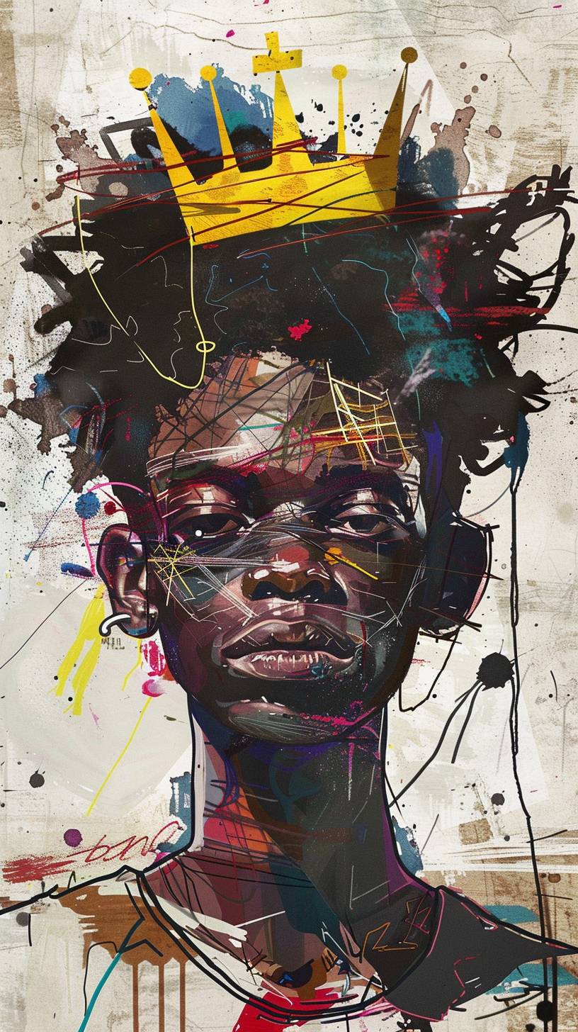 a skinny brown skin guy in Basquiat style, add the iconic yellow crown of Basquiat logo, piece of art, painting