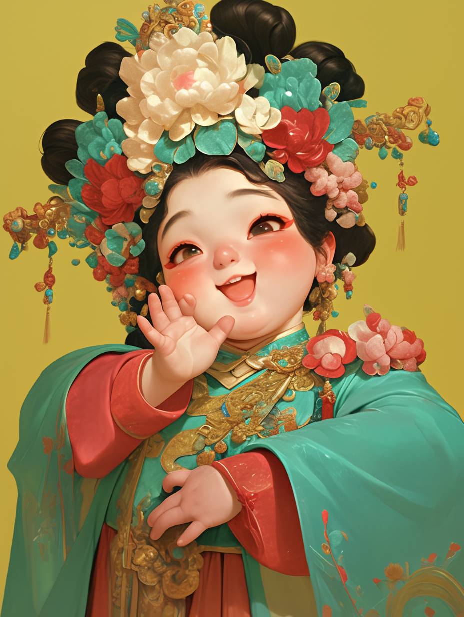 Tang Dynasty girl, the cute cartoon vector, chubby face with baby fat, peony headdress, soft lighting creating a dreamy atmosphere, turquoise green and light yellow, Dunhuang costume, showcasing the charm of traditional Chinese culture.