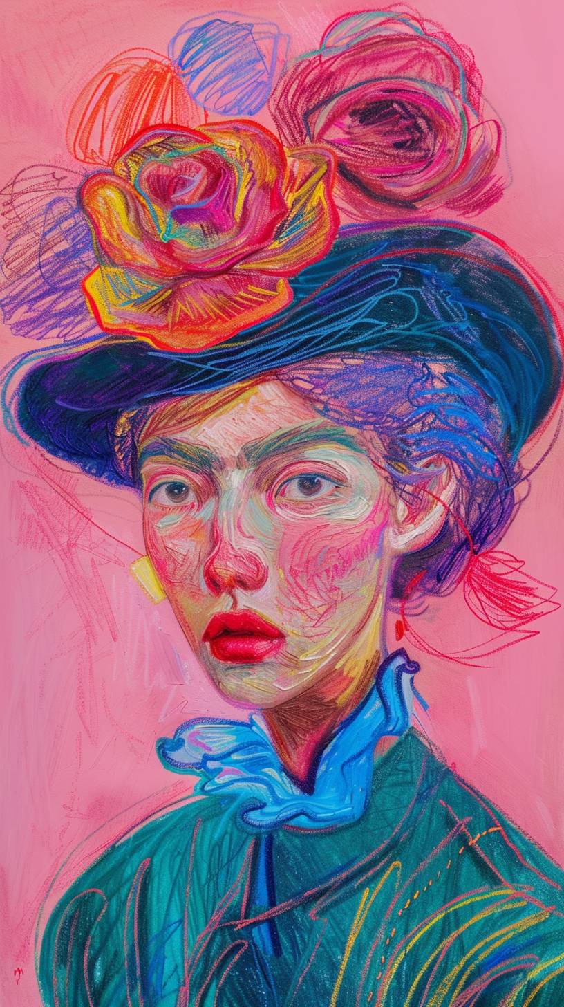 Woman in the style of pink fantasy, vintage, pop surrealism, bright colors, pastel drawing