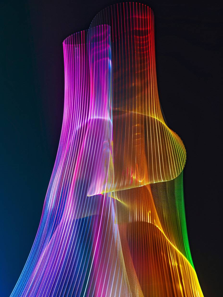 光の材料でできた、生物発光の虹色のラインで、フォトネガティブの屈折写真術のスタイルです。