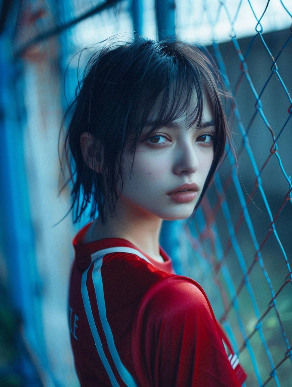 Female soccer jersey Astral of young Beautiful japan priest Blue short hair girl with striking Eyes and pouty lips, white skin.interplay of light and shadow.Dramatic composition. Solarium, shotting by fuji xt-5, sharp photography, intricate details