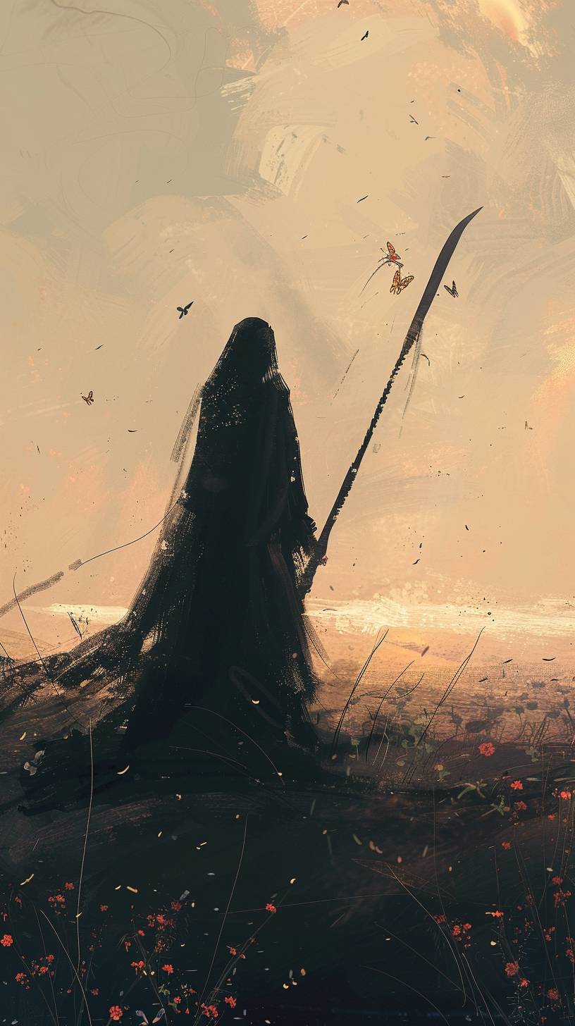 A minimalist painting of a serene yet formidable figure cloaked in black, holding a scythe. She stands in a barren landscape where the remnants of the old lie scattered, signifying the end of a cycle. In the distance, the first rays of a new dawn illuminate the horizon, symbolizing rebirth and renewal. A phoenix rises from the ashes, embodying the theme of transformation and the cyclical nature of life and death. Flowers bloom around the phoenix, representing new beginnings that emerge from endings.