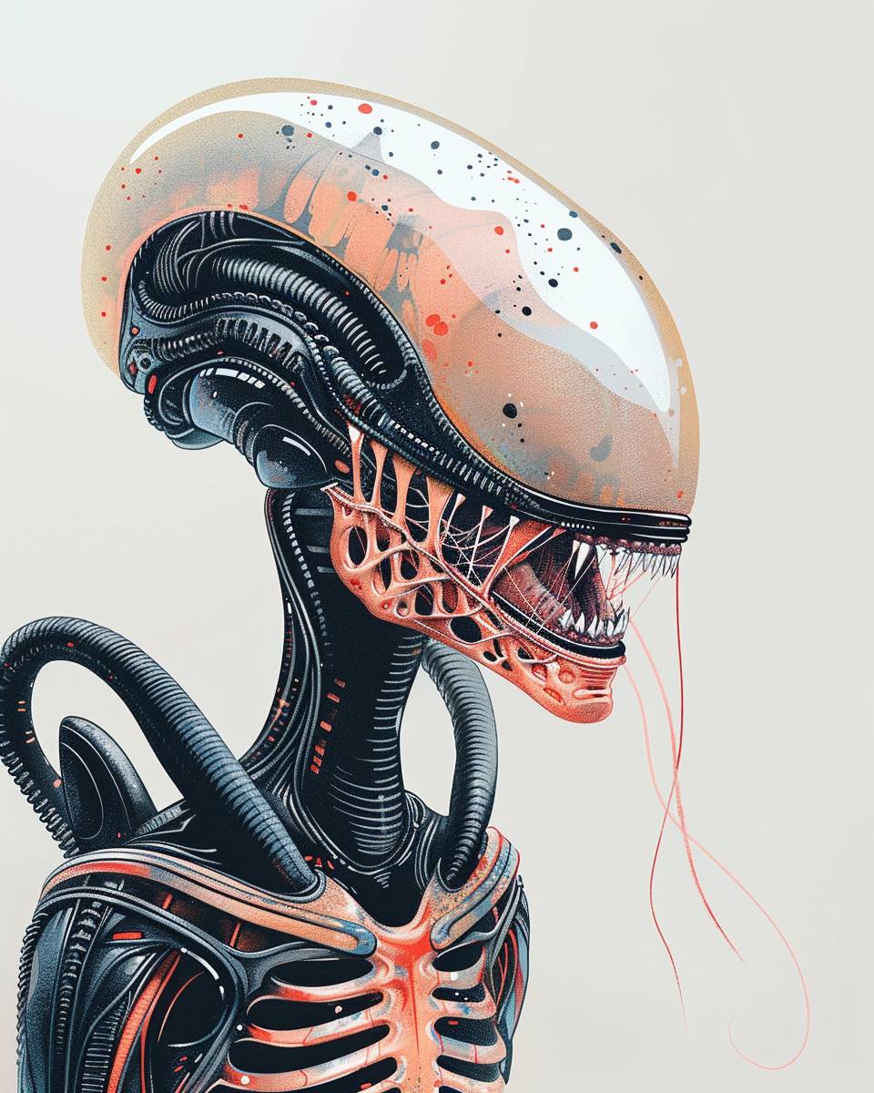 Close-up of cute H.R. Giger xenomorph alien from the movie Alien, science fiction, bright vivid colors.