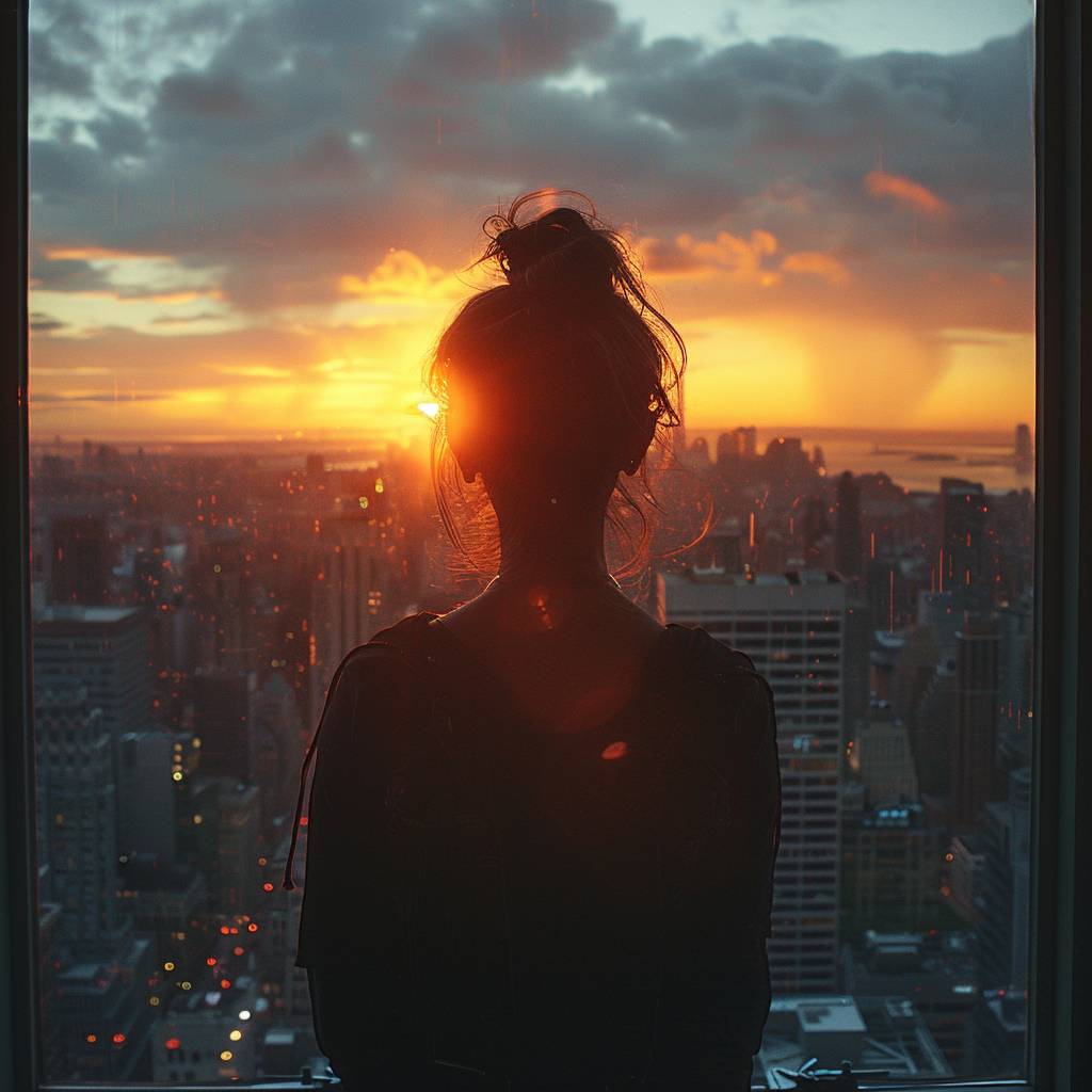 Atompunk photo, view from a roof in NYC by sunset, silhouette of a woman in the middle