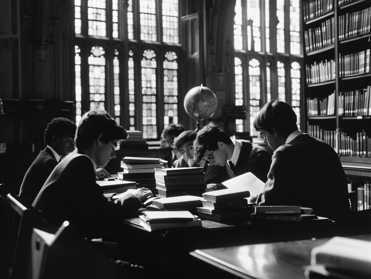 Six students in a library. Studious concentration. Piles of books. Oxford University. Afternoon in 1983. Wooden desks, stained glass windows, a globe. Medium shot, upper body. Captured with a Canon A-1, Ilford Delta 400 film. Soft light filtering through the windows, detailed texture of the books.