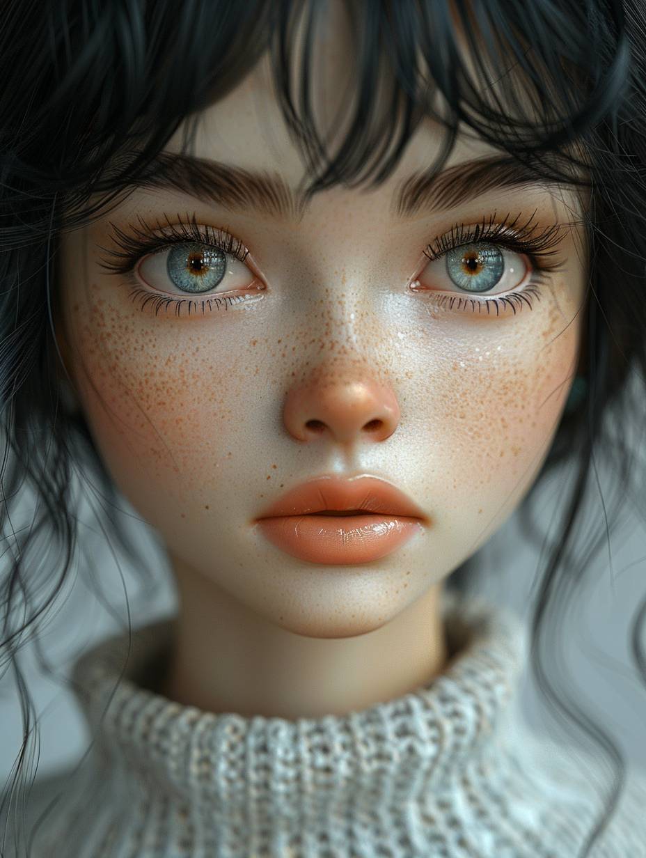 Super cute girl IP by popmart, Chinese girl, claymorphism, black straight hair, pastel colors, mockup, fine gloss, clean background, 3D rendering, soft focus, oc, blender, IP, best quality, 8k