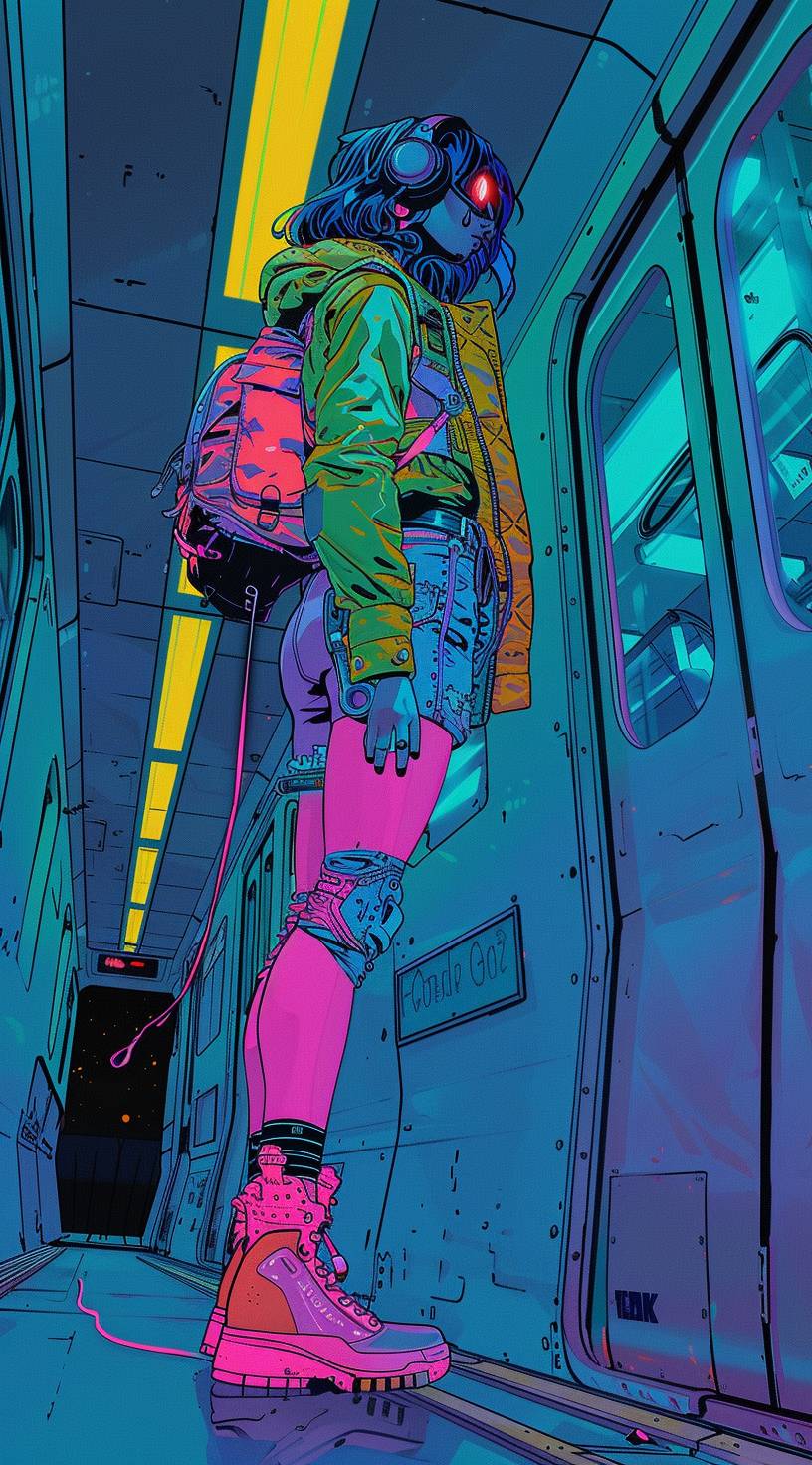 A lady wearing a technicolor outfit, standing in the gangway, in the style of cyberpunk manga, resembling Josan Gonzalez's artwork. The outfit is sky-blue and pink, with a strong sense of realism. The theme is transportcore and it features blink-and-you-miss-it details. It has a vaporpunk atmosphere. -ar 71:128 -v 6.0