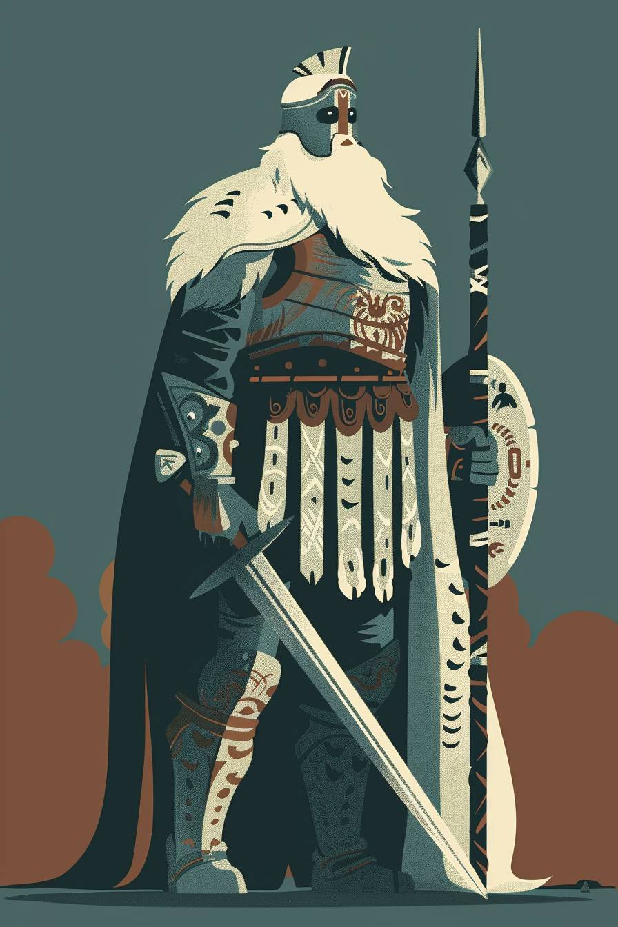 ケイ・ニールセンのスタイルで、戦士キャラクター、全身、フラットカラーのイラスト