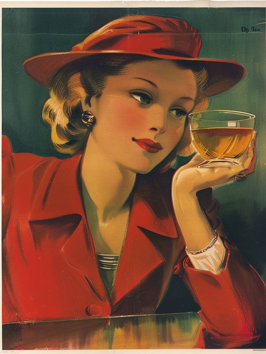 ヴィンテージアートポスター、Monopol-Andermattのバーで、シンプルな女性像とアルコール飲料のグラスが混ざり合っています。マルチェロ・ドゥドヴィッチのアートスタイルです