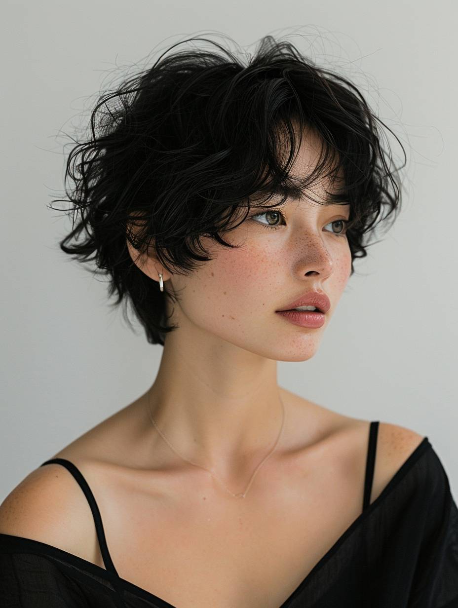 Japanese woman, cute, salon model, short hair, black hair color, looking slightly diagonally, white background, light shining on it.