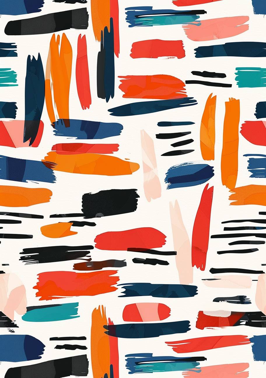 An illustration of an abstract pattern with small, colorful lines arranged in horizontal rows on a white background, inspired in the style of the works of Henri Matisse and Paul Klee, featuring vibrant reds, blues, oranges, black, and whites, with bold brush strokes and a sense of movement, suitable for print or digital design.