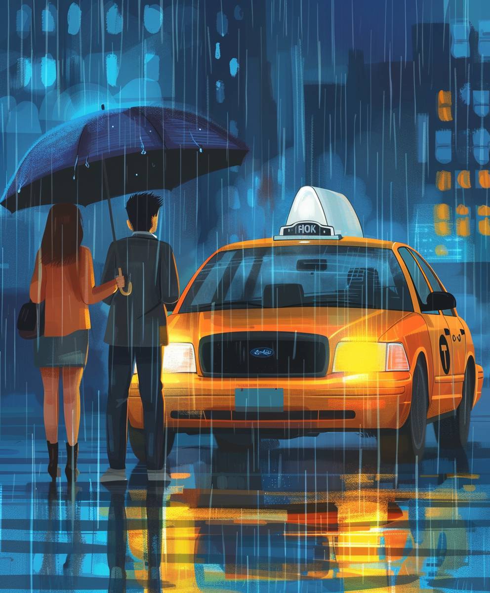 Illustration of two people holding umbrellas, standing next to an open yellow taxi cab with lights on, heavy rain, night time, in the style of modern flat illustration