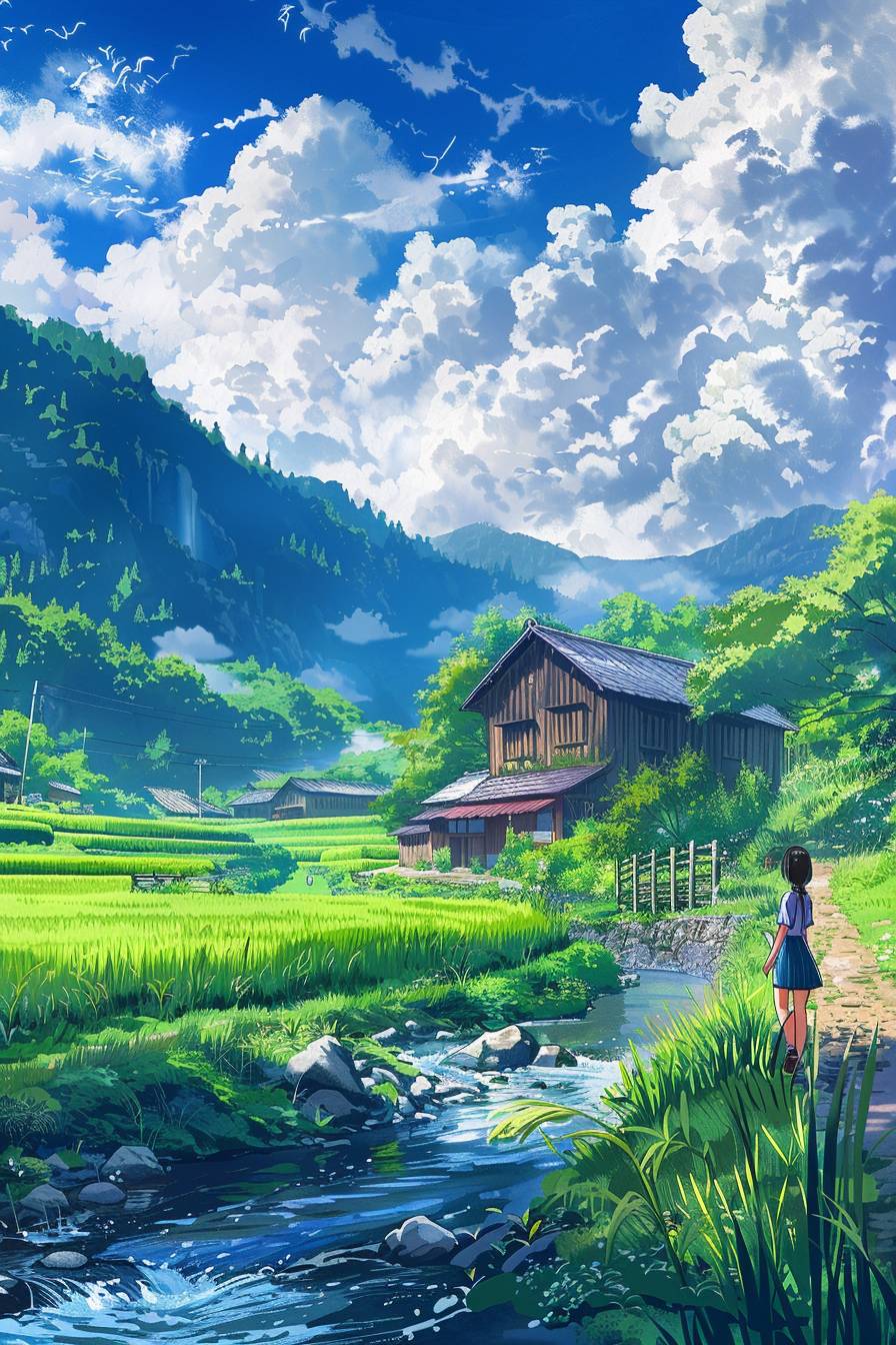 Beautiful scenery of the green rice fields, blue sky and white clouds in summer with clear stream water flowing through it. There is an old wooden house on one side of the river, surrounded by mountains. In front there was a woman wearing light walking along the road. The style is fresh and colorful, in the style of anime, with high definition.