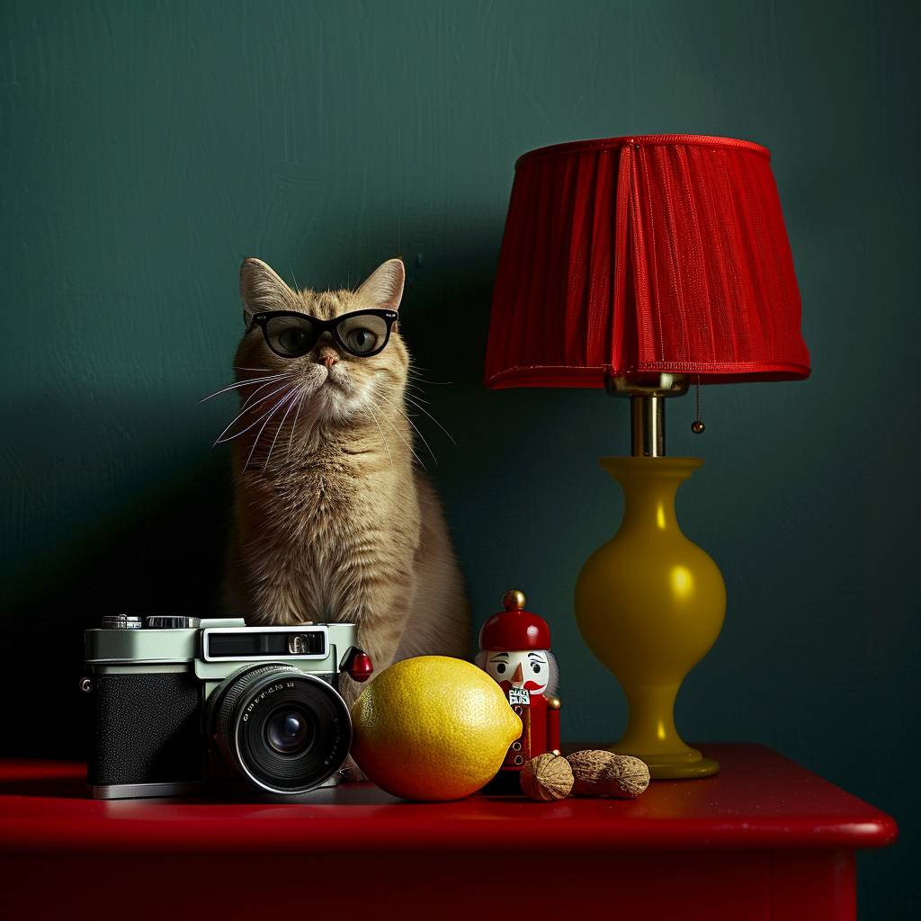A cat wearing sunglasses is next to a lemon, camera, and nutcracker, with a red lamp.