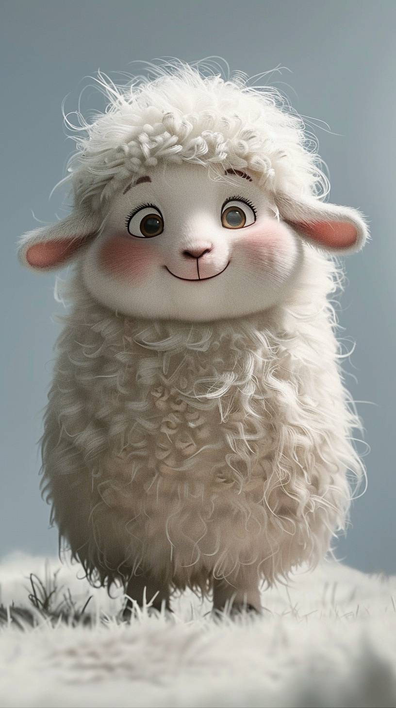 この絵には、丸くて丸い体、短い毛、白い背景の4Kの羊のキャラクターが描かれています