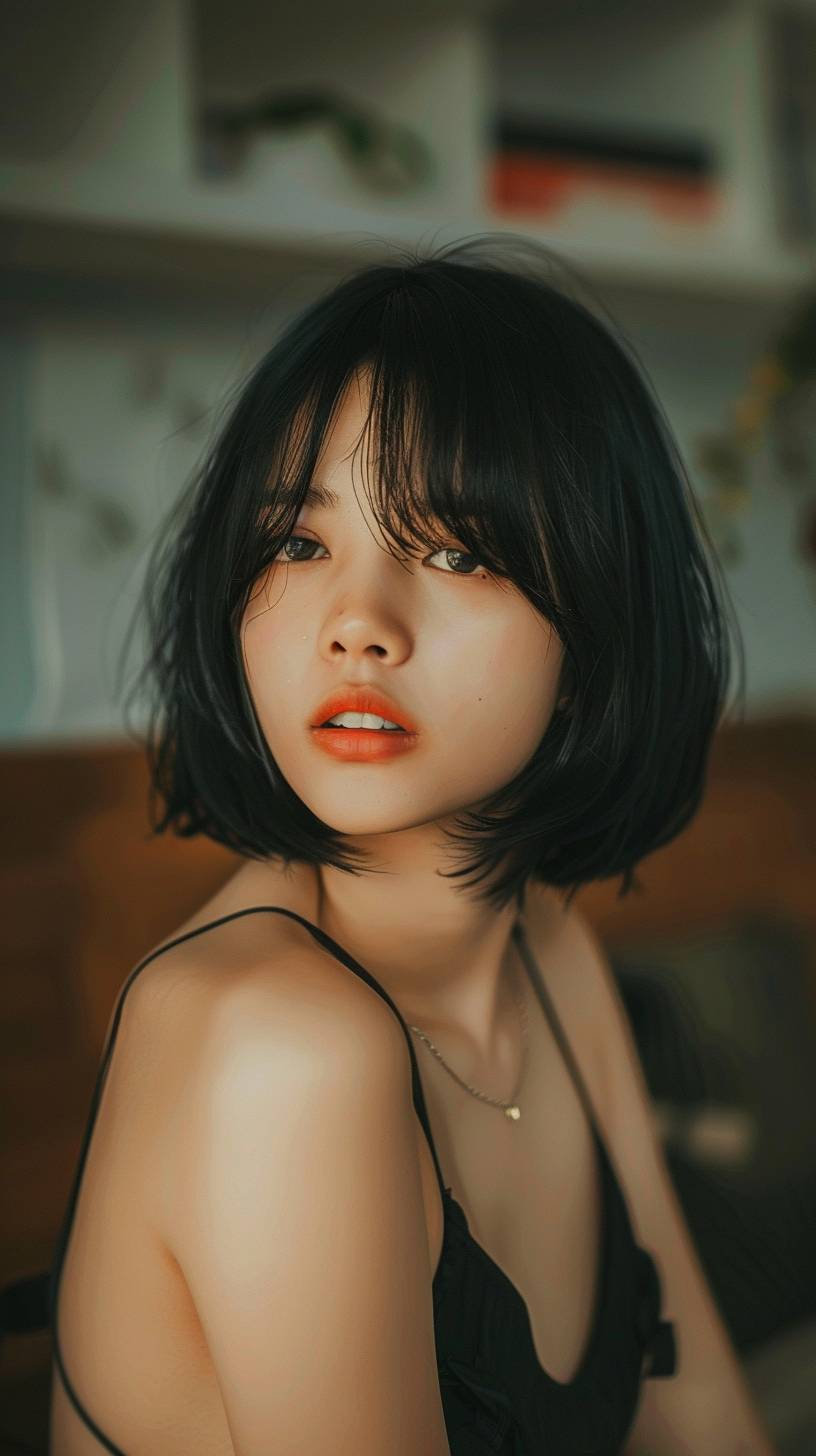 Instagram向けに、黒いボブヘアスタイルのアジアの女の子が黒いトップスを着てエレガントに装っている、自然で視覚的に魅力的なシーンを写した写真を生成してください。女の子のポーズ、表情、全体の雰囲気などのディテールに注意してください。Instagramの美意識にシームレスに適合し、実写と区別がつかないような画像を作成してください。＃アジアンビューティ＃ブラックトップスタイル＃InstaFashionなどの関連ハッシュタグを使用することを忘れずに。目標はInstagramのフィードにシームレスに溶け込み、本当に魅力的でウルトラリアルな、細部にまでこだわった、Sony 7Rで撮影し、4K解像度の写真を作成することです。