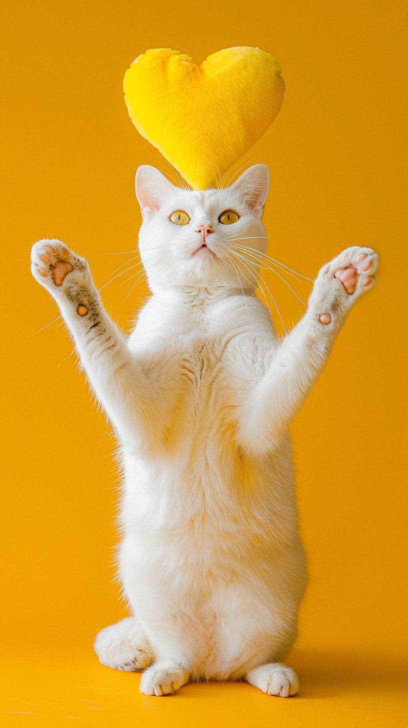 実際の猫の写真、きれいな背景、人間のように腕を広げて立つ素敵な猫の全身写真、大きな黄色のハートモデルのヘアバンド、白い猫