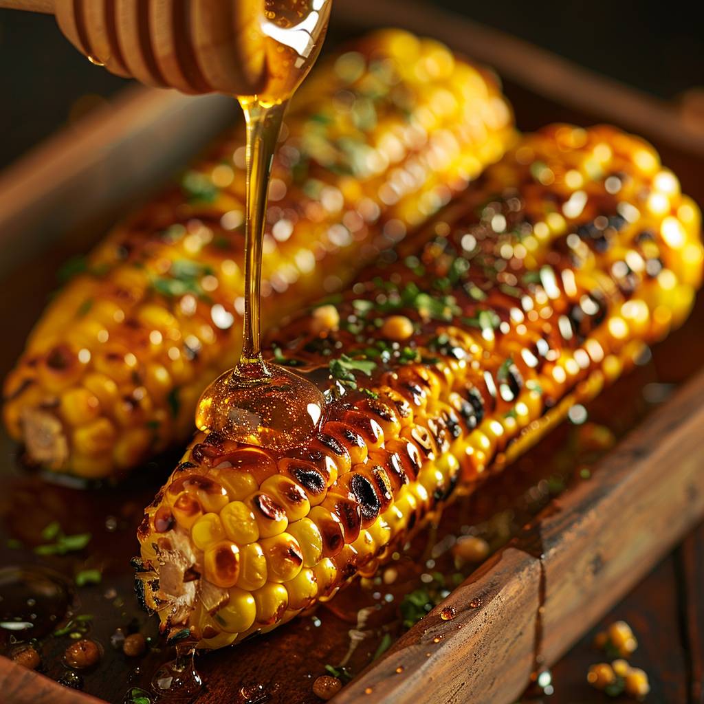 Food photography, grilled corn on a wooden tray, close-up shot of honey being drizzled by a honey dripper, The glistening honey and caramelized grill marks will create a mouthwatering image, beauty dish lightening.