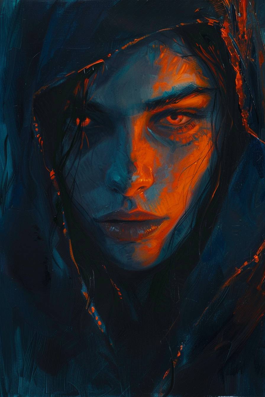 The portrait of a female assassin in Chiaroscuro Dream, a richly contrasted interplay of midnight blue obscured shadows and brilliant orange highlights, adding depth and dimension to her features