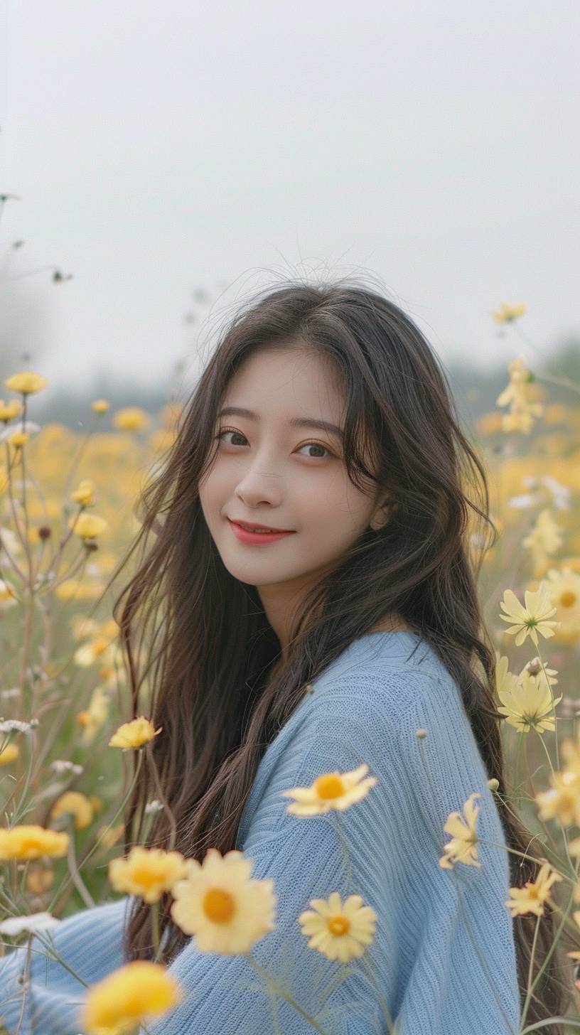 Chinese girl with light makeup, long hair, light blue sweater, smile, lazy, flower field, yellowish, spring, Japanese style refreshing, mid-range