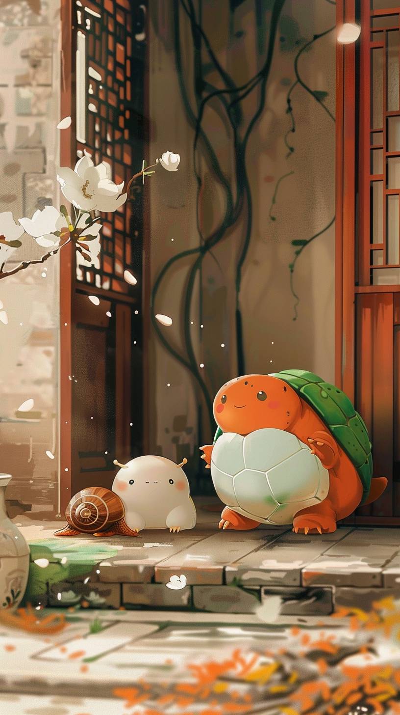 A cartoon picture of an orange turtle with a green shell with a pained expression, sitting on the floor next to it is a white snail that has brown shells. Both of them have the same size. A small door in front of them opens up. In the style of Chinese animation, colorful cartoon characters with a traditional color scheme and using Wu Guanzhong's expressionist techniques. Also using an ink painting style, flat design with simple lines, Chinese punk style, line drawing, and high-definition images.